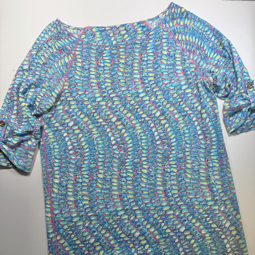 Lilly Pulitzer S Short Sleeve Oyster Print Dress Pink Blue Cotton Whimsical